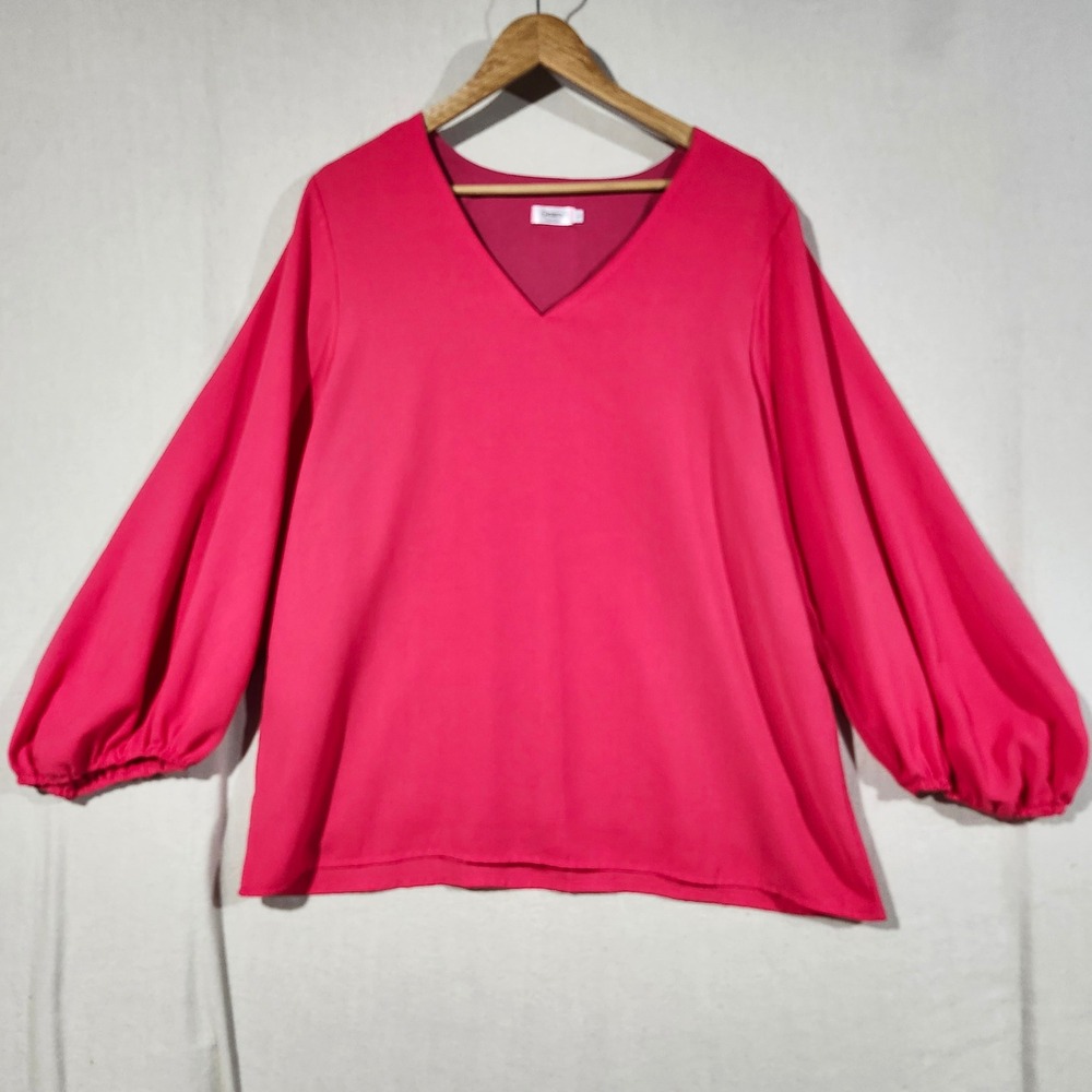Qearal Womens Fuchsia Pink V-Neck Lantern Sleeve Blouse Relaxed Fit Top Large